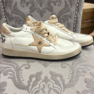 Golden Goose White Sneakers with Beige Star and Trim